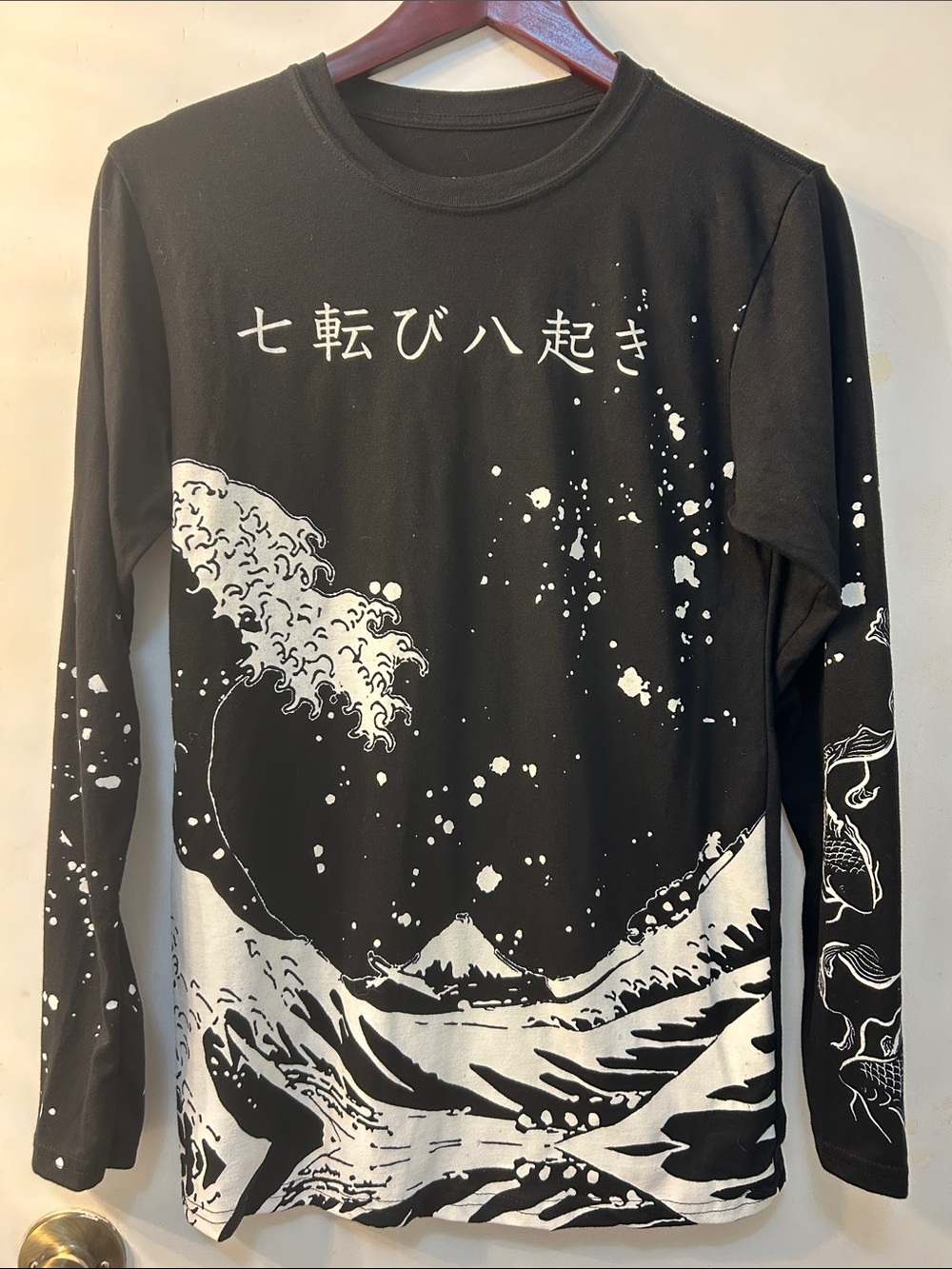 FRESH LAUNDRY Black Long Sleeve Shirt w/ Great Wave Kanagawa Graphics, S